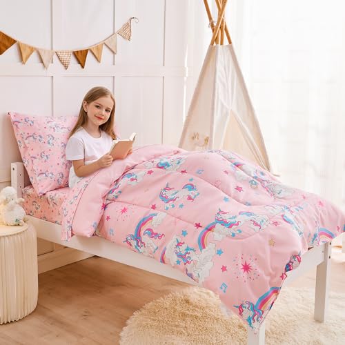 Image of lasoftan Pink Unicorn Toddler Bedding Set for Girls, 4 Piece Bed-in-a-Bag Toddler Comforter Sets, Super Soft and Comfortable Microfiber Todeeler Bed Set