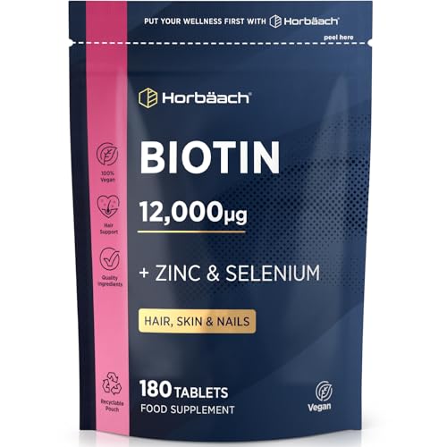 Biotin Hair Growth Tablets 12000mcg | 180 Count | High Strength Complex with Biotin (VIT B7), Zinc and Selenium | Hair Growth, Skin & Nail Vegan Supplement | by Horbaach