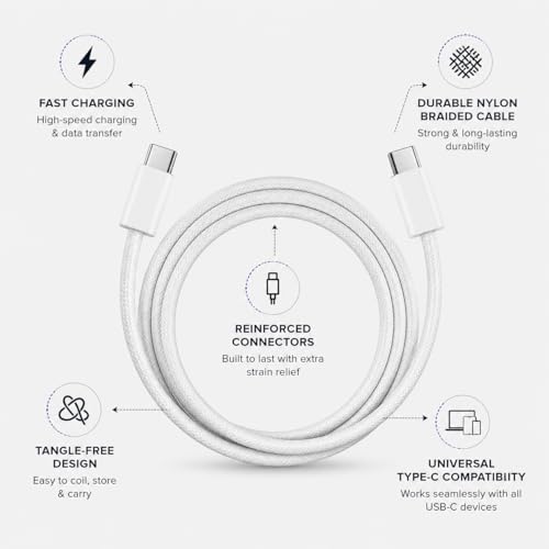 Image of Type C to Type C Cable 1.5m, White Braided USB C Cable, 50W Fast Charging PD Cable with Data Transfer, Reinforced Connector, Tangle-Free Charging Cable for Smartphones, Tablets & Type-C Devices