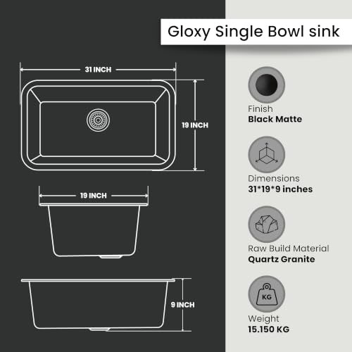 Image of GLOXY Premium Quartz Granite Single Bowl Kitchen Sink 31x19x9 Inches - Black Matte Finish Quartz Sink For Kitchen - Kitchen Sink With Coupling Hose Pipe and Drainer Basket & Undermount & Topmount