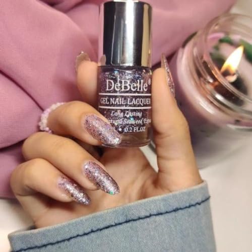 Image of DeBelle Gel Nail Lacquer Tatiana Tassles(Clear Light Purple with Chunky Glitter) | Non UV - Gel Finish |Chip Resistant | Seaweed Enriched Formula| Long Lasting|Cruelty and Toxic Free| 6ml