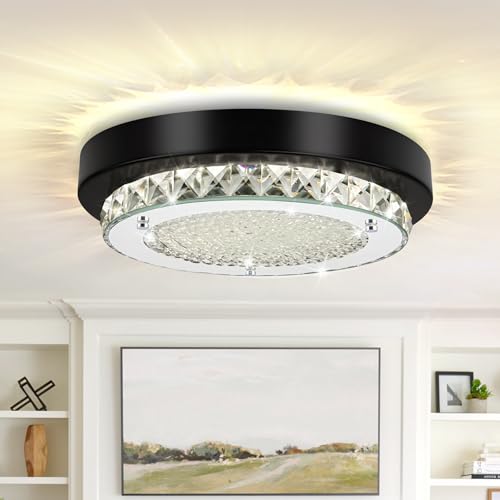 Knwjmv Flush Mount Ceiling Light LED Crystal Bathroom Light Fixture Dimmable Hallway Lighting Black Modern Small 9 Inch Foyer Ceiling Lights for Entryway Laundry Room Dining Room Bedroom