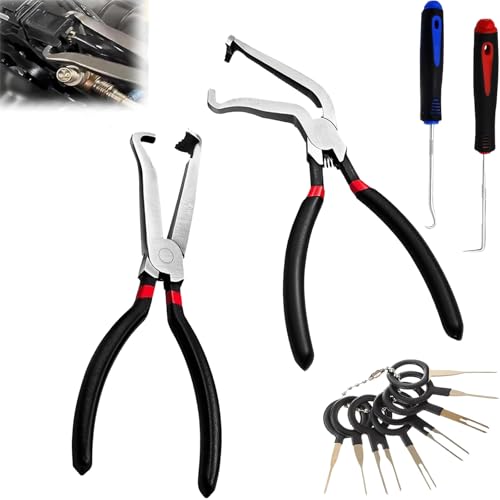 Electrical Disconnect Pliers Fuel Line Disconnect Tool with Anti-Slip Grip, hose removal pliers (1*Red60°+1*Red straight) ?with 2 Pcs Oil Seal Hooks and 8 Pcs Terminal Removal Tools?