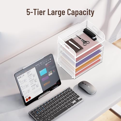 Image of 2 Pack 5-Tier White Desk Organizer with Handle Mesh Desk File /Paper Organizer Letter Tray for Office, School and Home Easy Installation