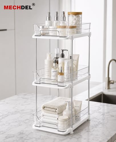 Image of MECHDEL 3-Tier Under Sink Organizer with Pull-Out Sliding Drawers | Multi-Purpose Kitchen & Bathroom Storage Rack | Clear Countertop Organizer for Pantry, Vanity, Cabinet & Cleaning Supplies