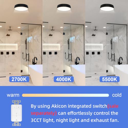 Image of Akicon Bathroom Exhaust Fan with Light, 110CFM, 2.0 Sones for Ceiling, 1000lm Dimmable LED Light and 150lm Nightlight Dual Color Bathroom Vent Fan for Home, Round, Black