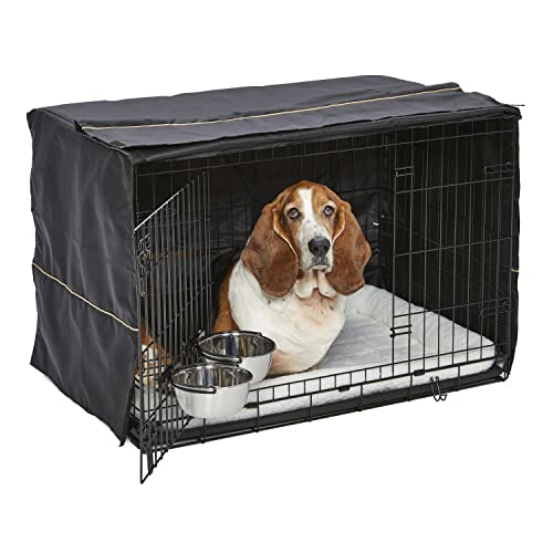 MidWest Homes for Pets   Kit de iniciación iCrate de doble puerta, pack de jaula de 91 km para perros medianos/grandes, incluye jaula, cama para mascotas, 2 cuencos y cubierta de privacidad