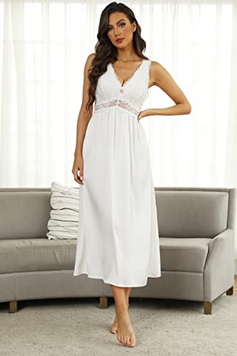 Mist Azur Nightgown Women Sleepwear Long V Neck Chemise Lace Sleeveless Sleep Dress For Women Elegant(White L) #TOP6