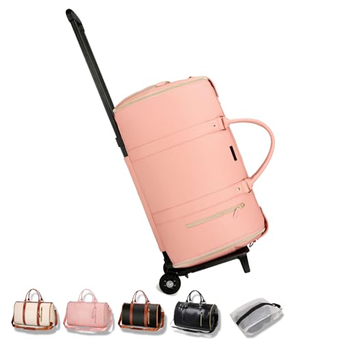 Trendfetchus Foldable Travel Bag 2.0, Travel Bag with Wheels, Large Capacity Lightweight with Shoes Compartment (Pink)
