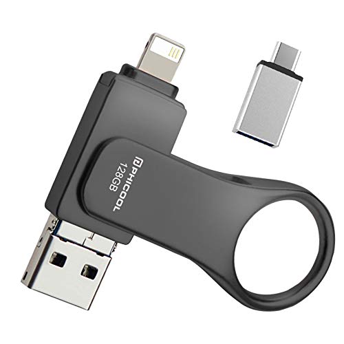 Memoria USB 128GB para iPhone 4 en 1 Unidad Flash USB PHICOOL Unidad Pendrive USB 3.0 para iOS iPhone/iPad OTG y USB C Android Samsung/Huawei/XIAO MI/ONEPLUS PC Mac Computadora Portátil - Negro