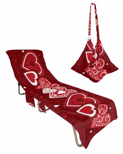 Red Love Valentines Beach Lounge Chair Towel Cover, Soft Chaise Lounge Towel with Side Pockets Patio Pool Chairs Cover for Beach/Pool Sunbathing 29x85 Dark Red Love Heart