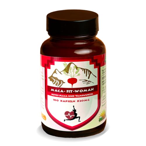 Maca Fit Woman 100 Kapseln, rote Macca plus Yamswurzel, Original aus Peru Zertifiziert, rein pflanzlich ohne Zusatzstoffe, reines rotes Maca Wurzel Pulver, Vegan Gluten und Laktose frei.