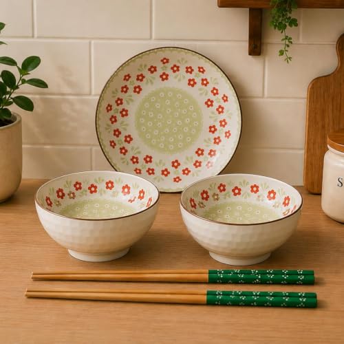 Image of Ceramic Dinnerware Set, Japanese Asian Cuisine Bowls and Plates for Dinner, Rice, Soup, Dessert, Salad, Gift Box Packed Dinner Set (Green, Pack of 5)