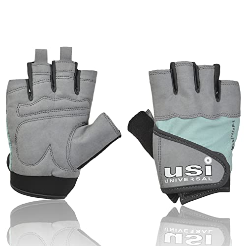 USI UNIVERSAL 733Q Queen Fitness Gym Gloves, Workout Powerlifting Gloves, Microfiber, Polyester, Elastane, Foam Construction, Padded, Contoured Wrist Strap (Medium, Grey/Ice Blue)