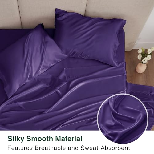 Love's cabin Satin Queen Sheets Set - 4 Piece Purple Silky Bed Sheets Set with Deep Pocket, Luxury Silk Feel Satin Queen Size Sheet Set (1 Flat Sheet,1 Fitted Sheet,2 Pillow Cases)