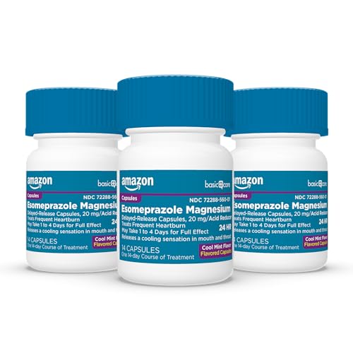 Image of Amazon Basic Care Esomeprazole Magnesium Delayed-Release Capsules 20 mg, Acid Reducer, Treats Frequent Heartburn, Cool Mint, 42 Count (3 Packs of 14)