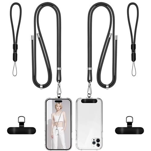 Image of takyu Phone Lanyard, 2 Pack Adjustable CellPhone Lanyard Crossbody Neck Strap and 2 Pack Phone Wrist Strap with 2x Tether Metal Tabs for iPhone Android Smartphones-Black
