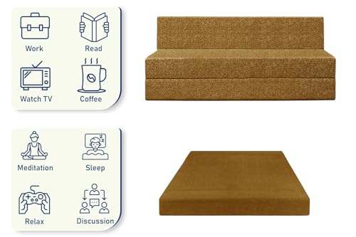 Image of DIVISHA HOMES Foldable 3 Seater Sofa Cum Bed, Sofa Bed 5 X 6 Feet, Jute Fabric- Washable Cover- Including Three Cushion Perfect for Home & Office - Golden Color