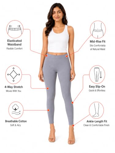 Image of Women's Cotton Lycra Ankle Length Leggings | Regular Rise, Soft 4 Way Stretch Fabric | Casual & Ethnic Wear