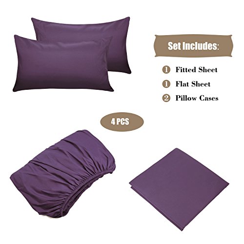 Image of 4 Piece Bed Sheet Set (Queen,Purple) 1 Flat Sheet,1 Fitted Sheet and 2 Pillow Cases,Brushed Microfiber Luxury Bedding with Deep Pockets