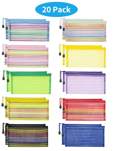 Image of JARLINK 20 Pack 10 Colors Zipper Mesh Pouch, Zipper Bag Multipurpose Travel Bags for Office Supplies Cosmetics Travel Accessories Multicolor