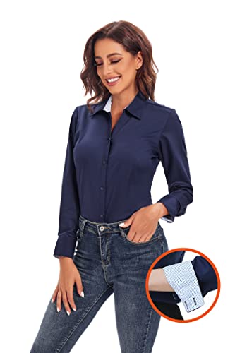 Warhorsee Womens Button Down Shirt Long Sleeve Work Dress Shirts, V Neck Easy Care Stretchy Business Casual Blouses For Women(Navy,L) #TOP3