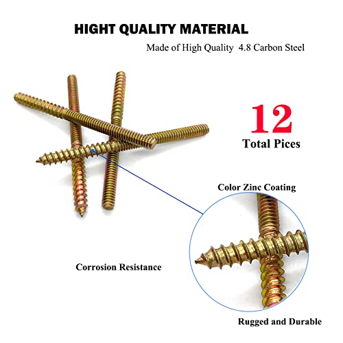 Image of 12 Pack 1 /4-20 x 3-1 /2 Inch Hanger Bolts 1 /4-20 inch Double Headed Bolts 1 /4 Wood Dowel Screw Self-Tapping Screw Hanger Bolts for Furniture Double Head Threaded Rods Bolt 90mm Length