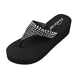 AIMONE-Muriel Women Wedge Heel Flip Flops Comfy Platform Rhinestone Beach Sandals (8.5 M US, Black)
