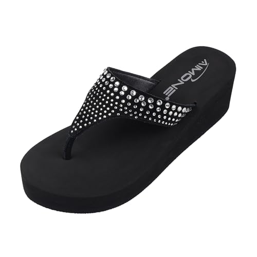 AIMONE-Muriel Women Wedge Heel Flip Flops Comfy Platform Rhinestone Beach Sandals (8.5 M US, Black)