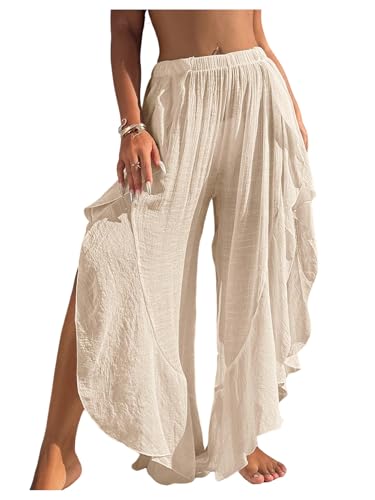 SweatyRocks Women's Sheer Beach Cover Ups Ruffle Elastic Waisted Loose Bathing Suit Coverup Pants