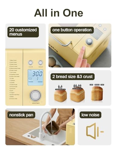 Neretva 20-IN-1 Bread Maker, Dual Heater 2LB Bread Machine Stainless Steel Bread Maker Machine Nonstick Ceramic Pan Compact for Gluten Free/Sourdough/Whole Wheat Bread/Yogurt, Breadmaker Recipe-Yellow