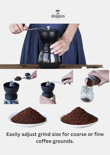 Image of Doppio Manual Coffee Grinder - Adjustable Hand Coffee Grinder with Stainless Steel Burr & Glass Container | Portable Hand Crank Mill for Freshly Ground Coffee Beans at Home, Office & Travel