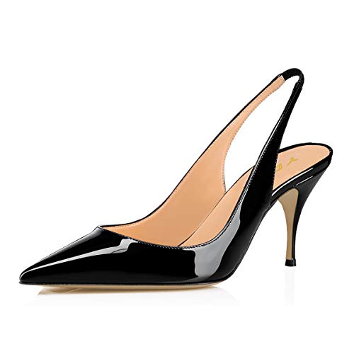 YDN Women Fashion Kitten High Heels Pointy Toe Elastic Strap Slingback Sandals Slip On Backless Pumps Formal Casual Dress Shoes