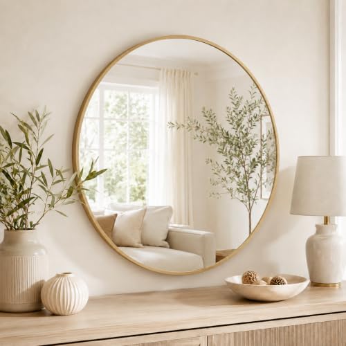 GarveeHome 32 Inch Round Bathroom Mirror Gold Aluminum Frame Mirror