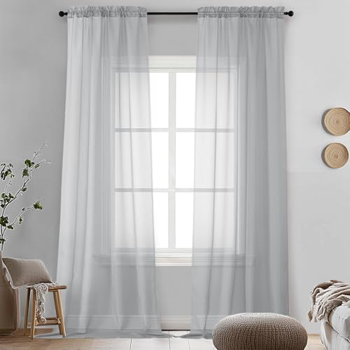 Image of OVZME Light Grey Sheer Curtains 96 Inches Long 2 Panels - Soft Light Filtering Window Sheer Panels for Living Room /Bedroom, Top Dual Rod Pocket, 1 Pair, Each 42Wx96L Inches