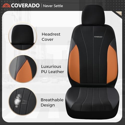 Image of Coverado Seat Covers for Car 2 Seats, Leather Car Seat Covers Fullset, Breathable Mesh Front and Rear Protectors, Brown Luxury Automotive Covers, Universal Fit for SUV, Truck, Sedan