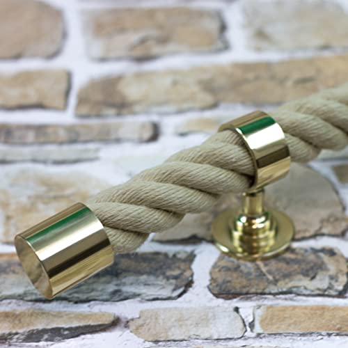 Handlaufseil-Set Ø 30 mm – 5 m Polyhanf-Seil „Nature Touch“ naturfarben mit 2 Endkappen & 5 Seilträgern, Messing glänzend | Treppe & Geländer