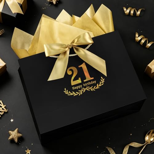Image of JMANNI Black Gold 21st Birthday Gift Bag with Card and Tissue Paper, 14.2 inchx9.84 inchx4.3 inch Large Present Bag for Adults, 21 Year Old Birthday Keepsake Party Supplies