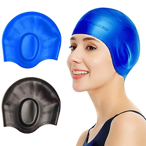 2 Pcs Swim Caps Cover Ears, Durable Silicone Non-Slip Waterproof Swimming Caps