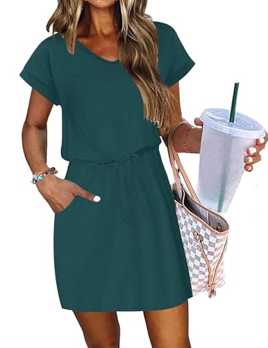 Image of AUSELILY Womens Summer Mini Dress, Short Sleeve V Neck Drawstring Casual | Soft smooth drape with an adjustable drawstring waist for beach, casual outings and daily wear