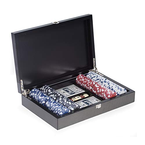 Bey-Berk Luxury Designer Poker Set with Lacquered Carbon Fiber Wood Case and Designer Finish with Playing Cards, 200 11.5 gram Clay Composite Chips, and Poker Dice