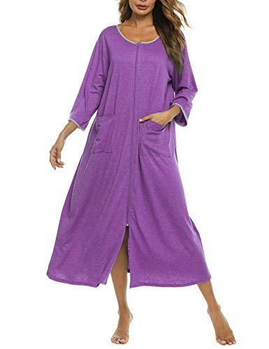 Image of Bloggerlove Zipper Front Robes for Women House Coat Half Sleeve Loungewear Long Nightgown with Pockets S-3XL