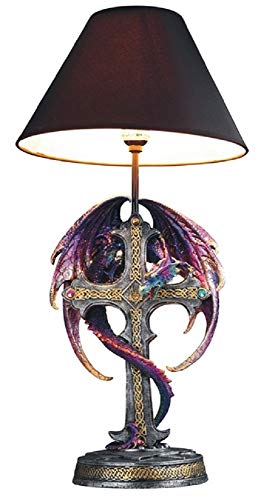Ice Armor 24.5" Fantasy Collectible Dragon Statue Table Lamp Wrap Around Cross With Fabric Light Shade For Gothic And Medieval Décor, 99Gsc71793 #TOP29