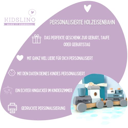 KIDSLINO Holz Eisenbahn blau - personalisierbar, zur Geburt Jungen, Handmade Holzspielzeug mit Steckformen, Personalisierte Geschenke Baby, Holzzug mit Name & Geburtsdaten – Bild 5