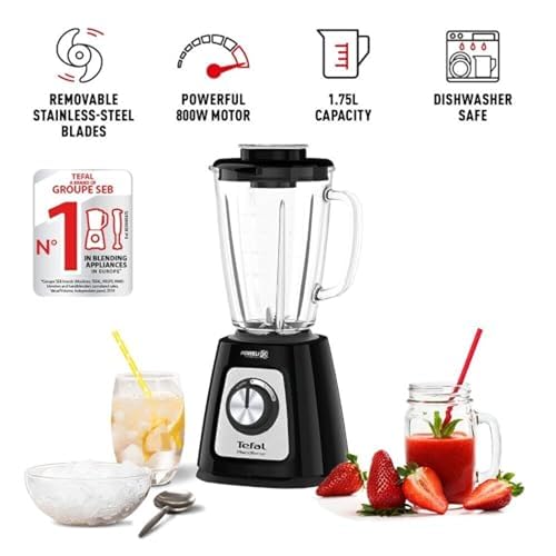 Tefal Blendforce II Blender, 2L Glass Jug, 1.25L Effective Capacity, 800W, 4 Removable Powelix Blades, Smoothie Blender, Ice Crush, 2 Speeds + Pulse, Black, BL435840