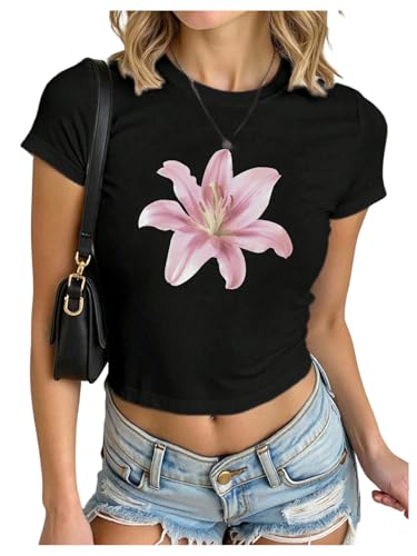 Girl's Short Sleeve Graphic Tees Crew Neck Floral T Shirts Summer Tight Crop Tops
