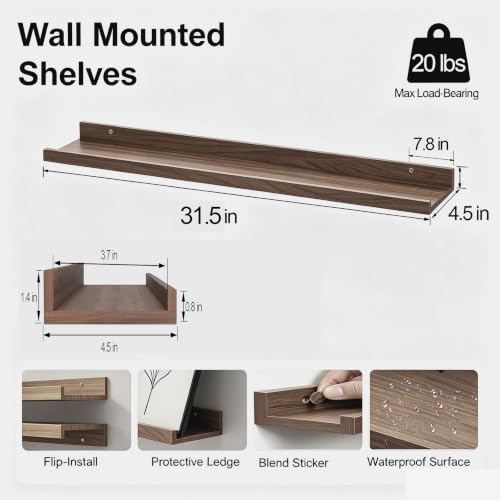 Image of Walnut Floating Shelves for Wall Decor, 32 in Shelf with Lip, 2 Set