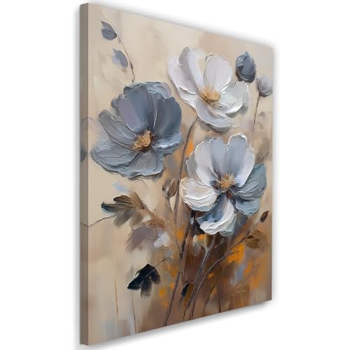Feeby - Impression sur Toile - Déco Murale Pour le Salon et la Chambre - Fleur peinte Gris Beige - 80x120 1partie - Tableau Mural - Peintures sur Toile -...