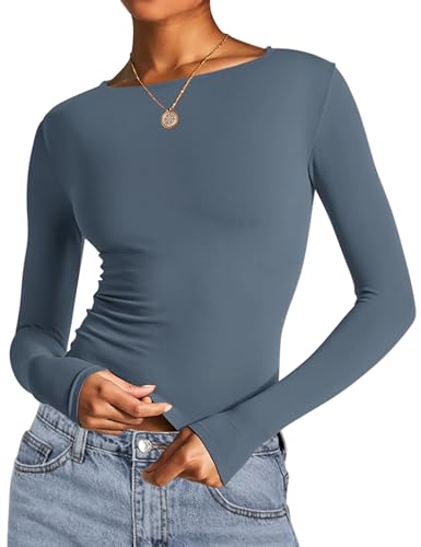 Image of AKEWEI Long Sleeve Crop Tops for Women 2 Pack Fall Going Out Outfits Cute Tight Basic Tees Shirt