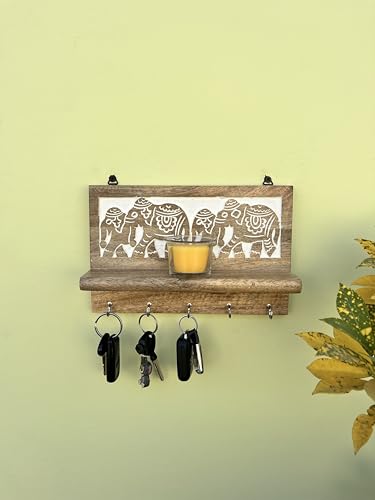 Image of Wooden Key Holder with Elephant Design, Wall Mounted, Natural Brown, 5 Hooks, Handcrafted Exclusive Home Decor (25.5X16.5X6.5 cms)